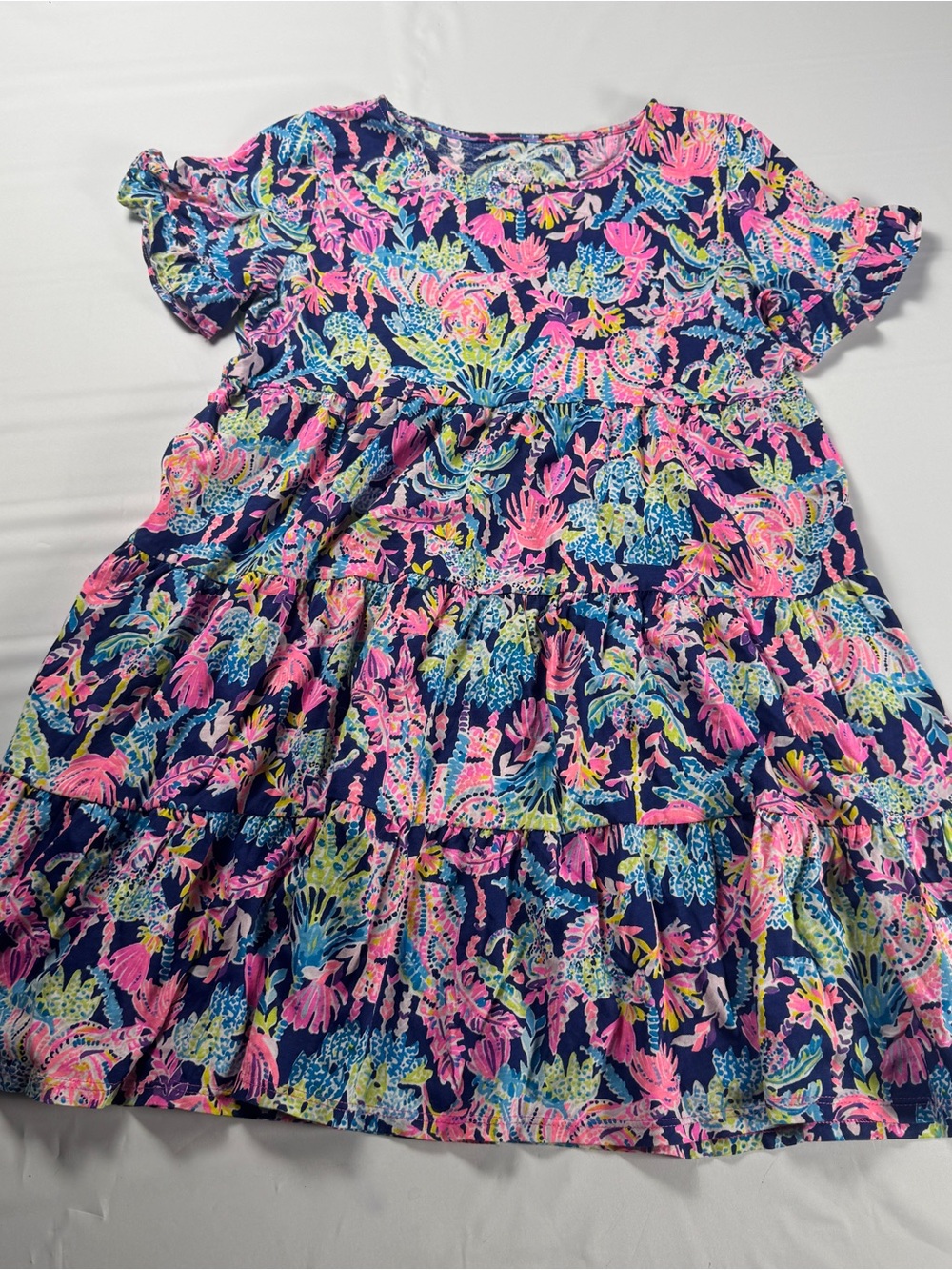 Lilly Pulitzer Girls L 12 14 Toddie Tiered Knit Dress Bermuda Blue In Full Bloom